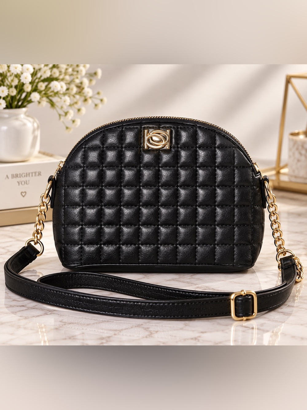 bebe Black Quilted Dome Crossbody with Gold Chain Trim